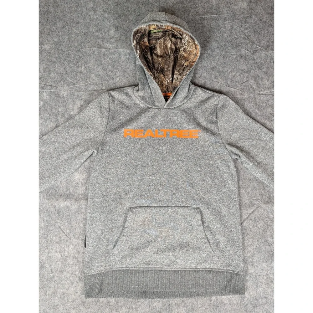 Realtree Boys Gray Heather Hoodie Camo Lined Hood‎ Orange Logo XL 18/20 3434